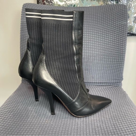 Fendi Black Boots with white stripe knit fabric and leather size 10 - Picture 4 of 7